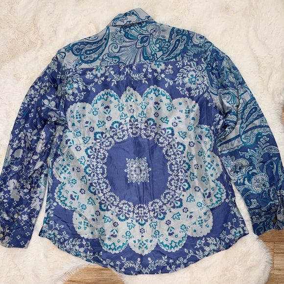 💫STUNNING Vintage 90s Y2K Blue Floral Paisley Silk Long Sleeve Button Down Shirt - Picture 6 of 10